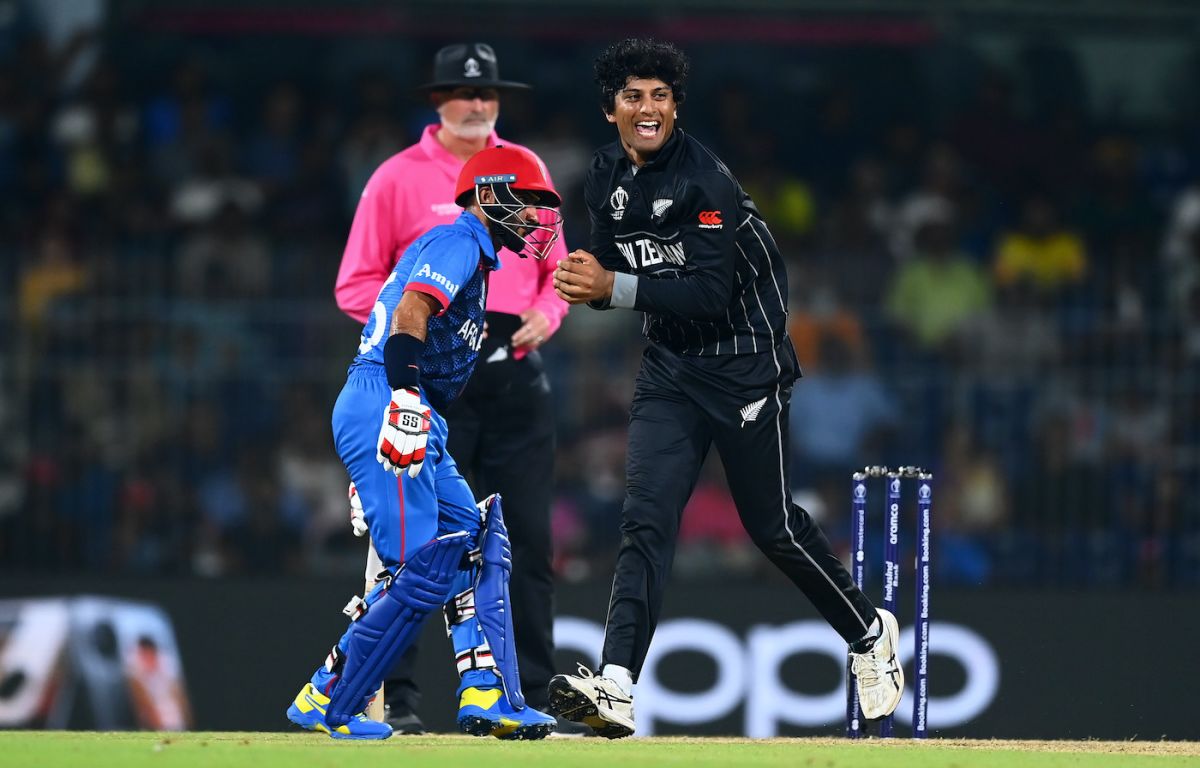 Rachin Ravindra had Rahmat Shah caught and bowled, New Zealand vs Afghanistan, Men's ODI World Cup, Chennai, October 18, 2023