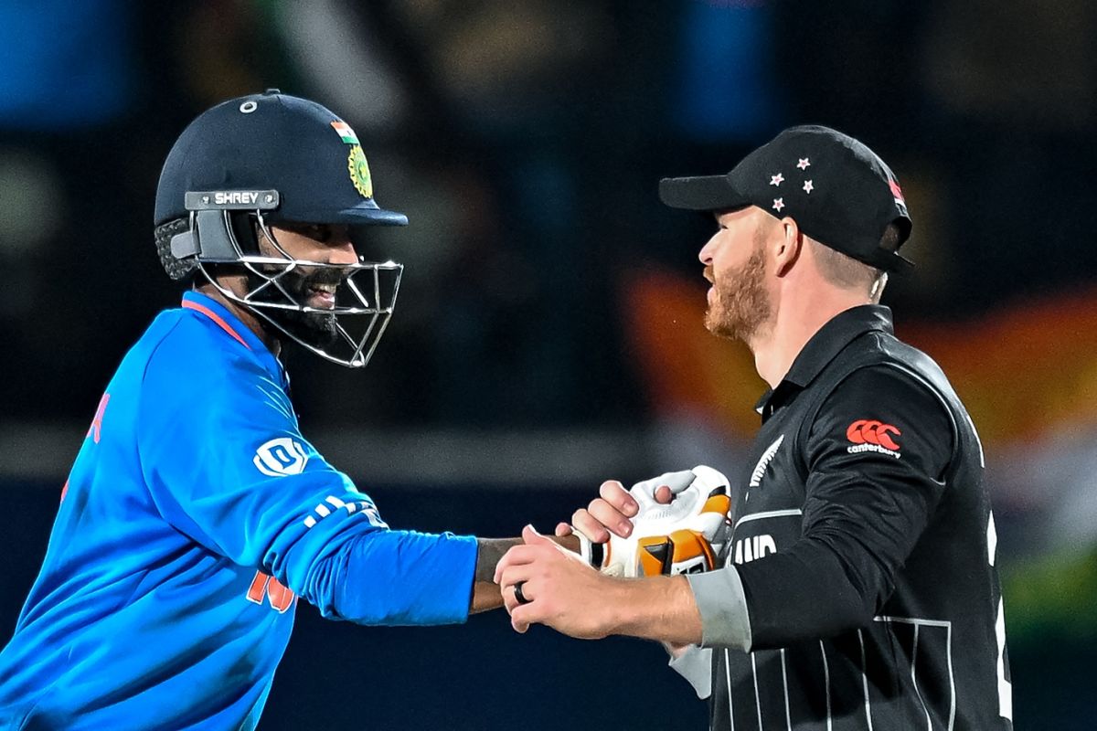 Ravindra Jadeja and Glenn Phillips share a smile at the end of the game, India vs New Zealand, Men's ODI World Cup, Dharamsala, October 22, 2023