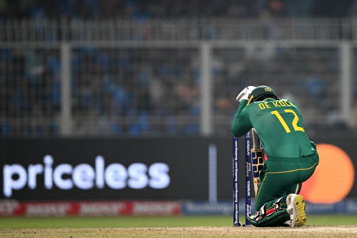 Quinton de Kock wears a dejected look after being bowled out in the second over of the chase, India vs South Africa, Men's ODI World Cup, November 5, 2023