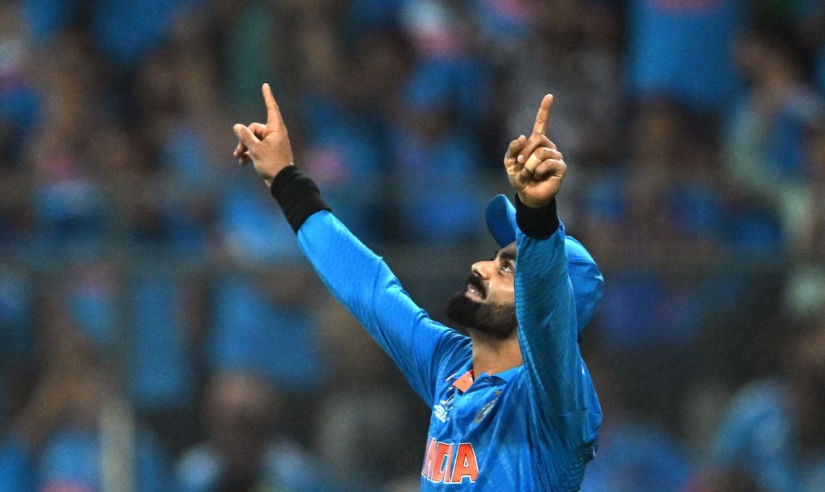 One step away now - Virat Kohli celebrates a great day for Indian cricket, India vs New Zealand, ICC men's World Cup 2023, 1st semi-final, Mumbai, November 15, 2023