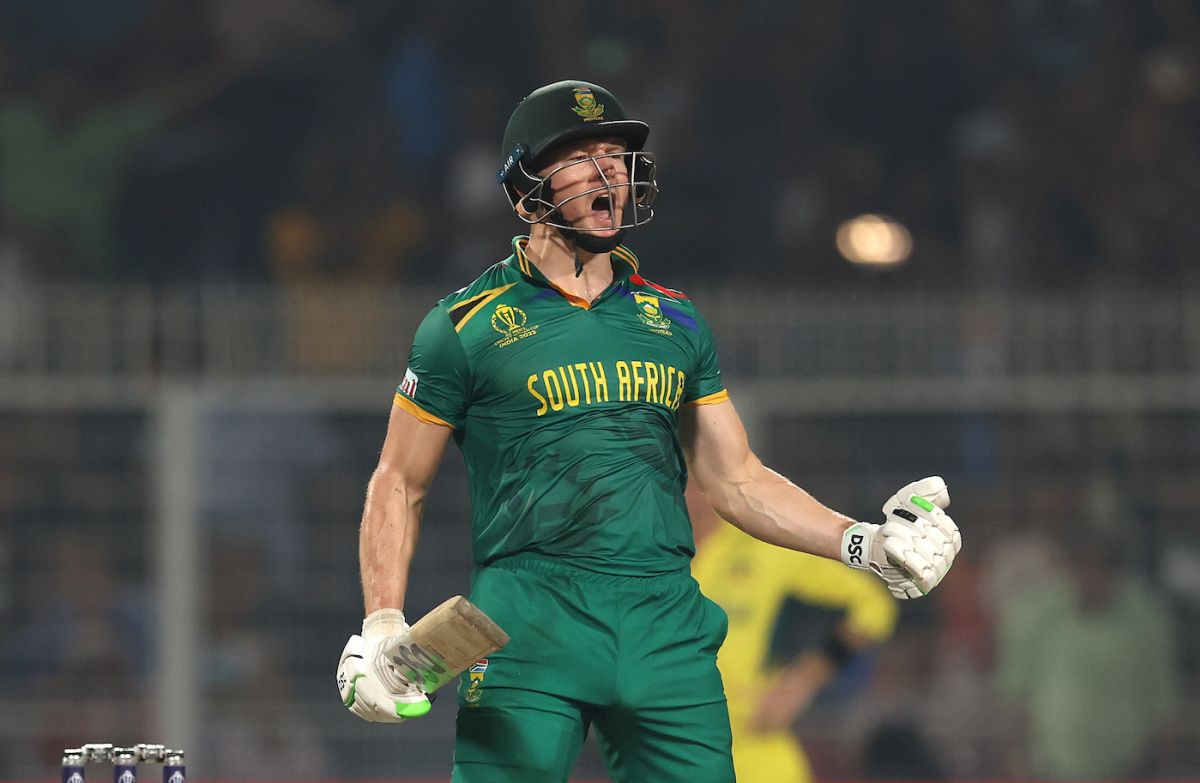 David Miller roars after his fighting century, Australia vs South Africa, Men's ODI World Cup, 2nd semi-final, Kolkata, November 16, 2023
