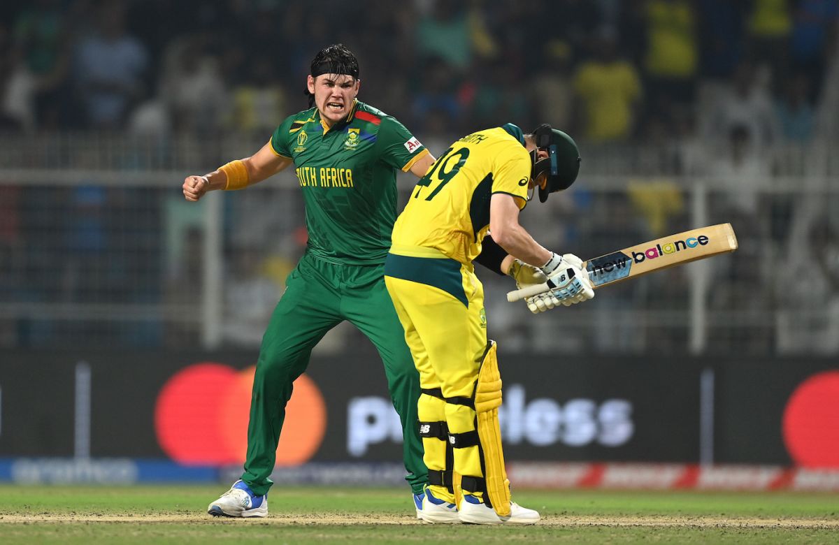 Gerald Coetzee is pumped after picking up the massive wicket of Steven Smith, Australia vs South Africa, ICC men's World Cup 2023, 2nd semi-final, Kolkata, November 16, 2023