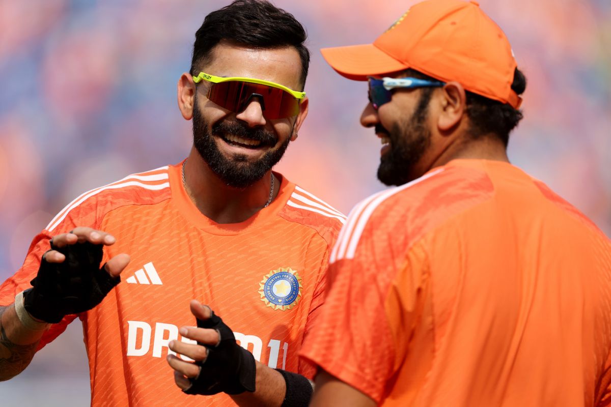 The big two of the Indian batting line-up, Virat Kohli and Rohit Sharma, look relaxed before the game, India vs Australia, World Cup final, Ahmedabad, November 18, 2023