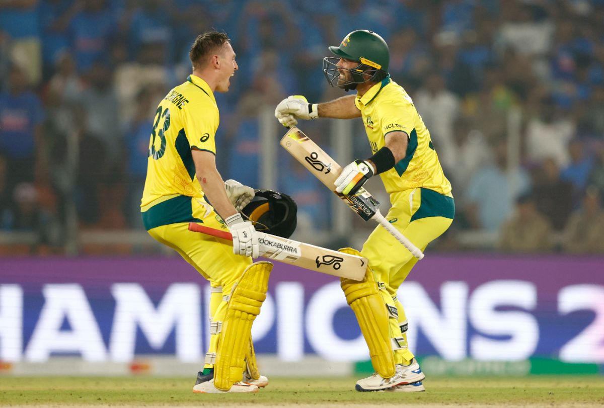 Marnus Labuschagne and Glenn Maxwell roar in delight after the latter knocked off the winnings runs, India vs Australia, Men's ODI World Cup final, Ahmedabad, November 19, 2023