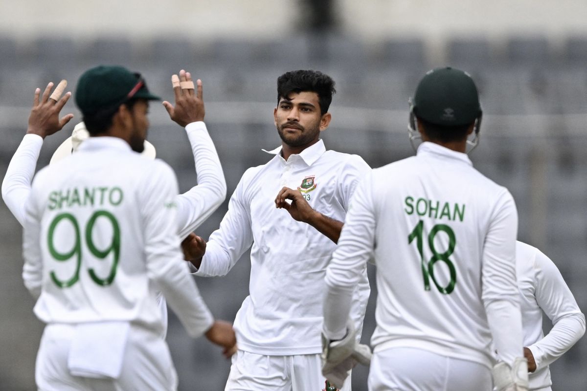 Nayeem Hasan celebrates the dismissal of Mitchell Santner, Bangladesh vs New Zealand, 2nd Test, Mirpur, 3rd day, December 8, 2023