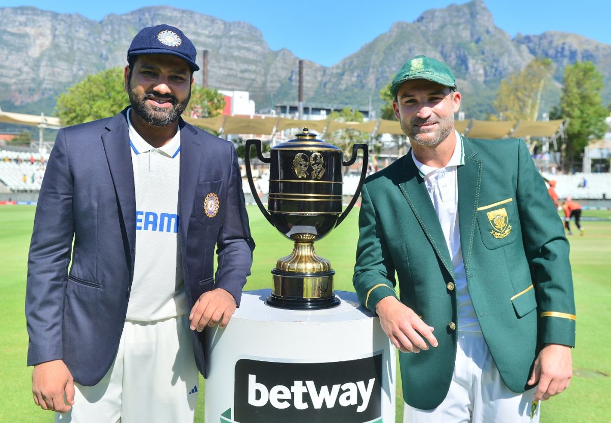 Rohit Sharma and Dean Elgar pose with the Freedom Trophy