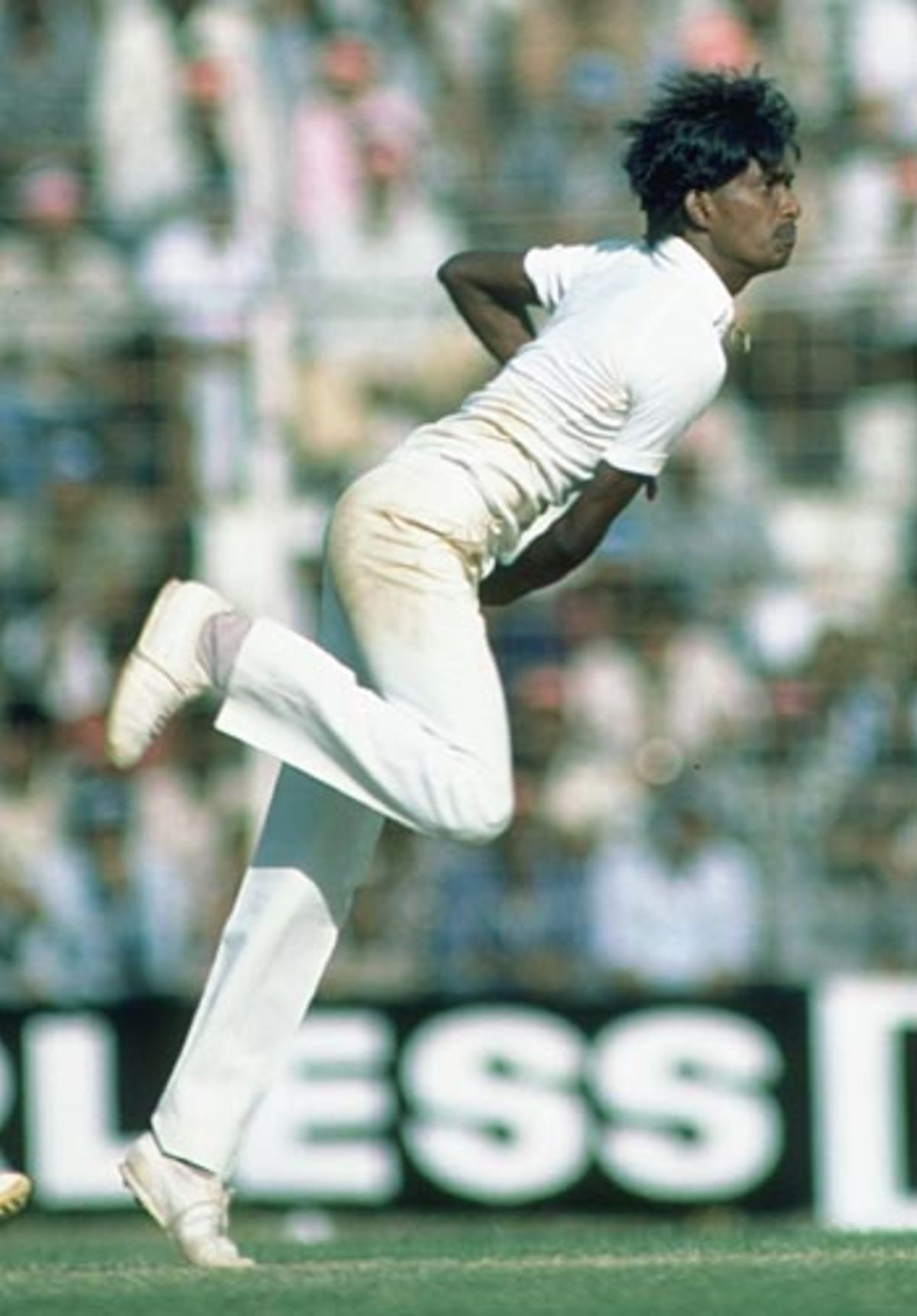 Laxman Sivaramakrishnan on his way to 12 for 181 runs against England at Bombay in 1984