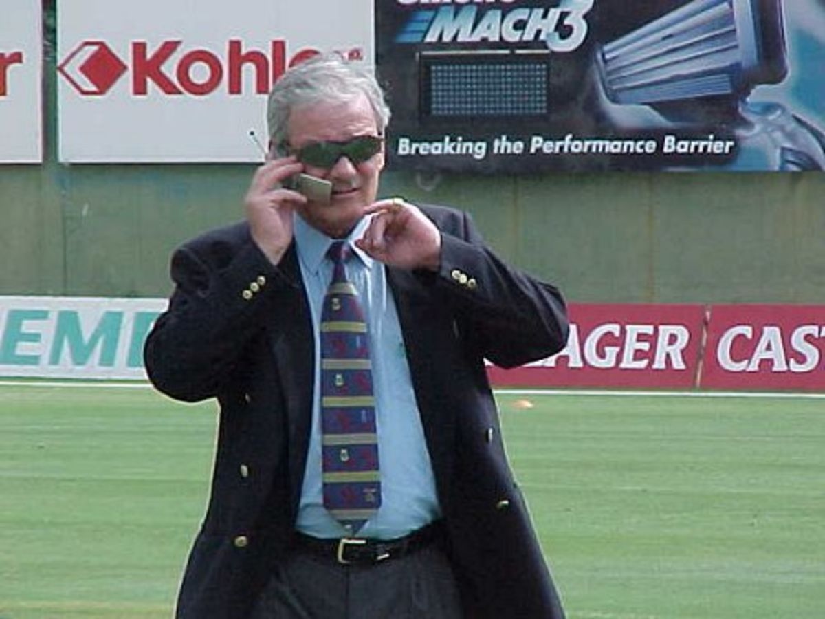 Robin Jackman, now commentating on cricket for television, pictured at Port Elizabeth during the Second Test between South Africa and England (11 December 1999).