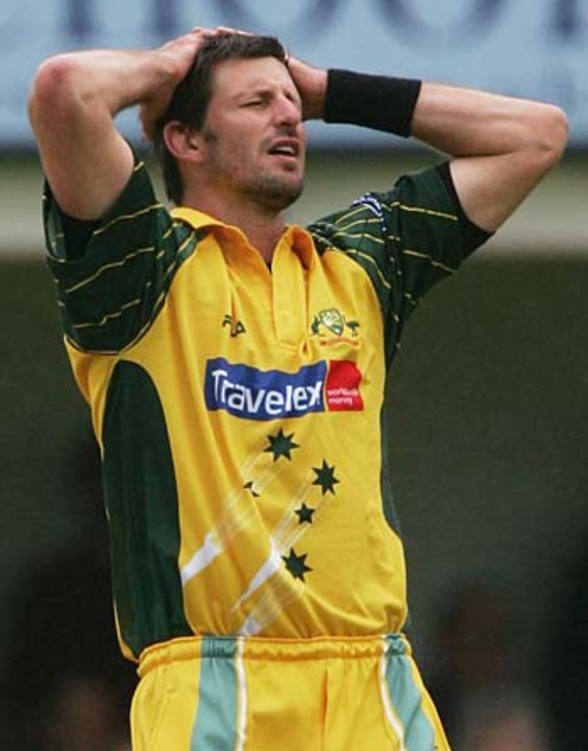 Michael Kasprowicz struggles - his eight overs cost 89 runs