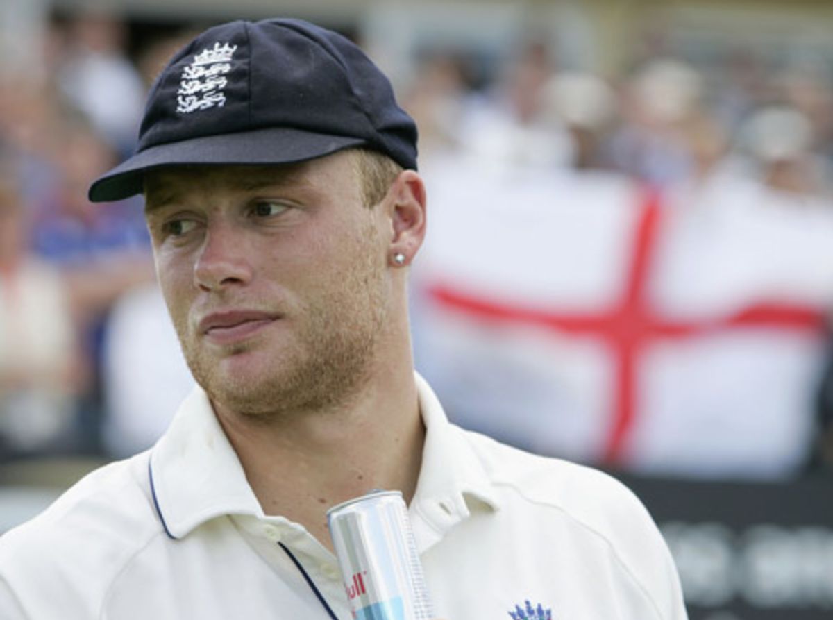 Man-of-the-match Andrew Flintoff, with the S.t. George flag in the background, England v Australia, Edgbaston, August 7, 2005