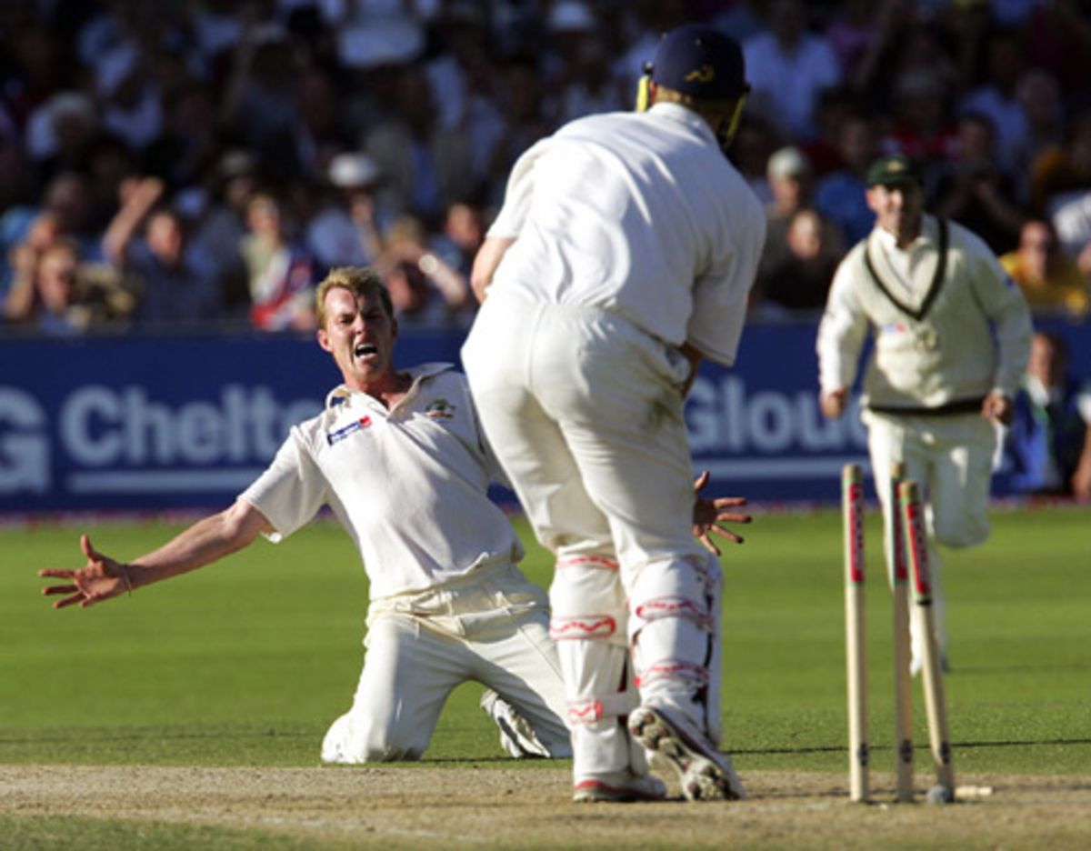 Brett Lee sinks to his knees in elation at bowling Andrew Flintoff, England v Australia, Trent Bridge, August 28, 2005