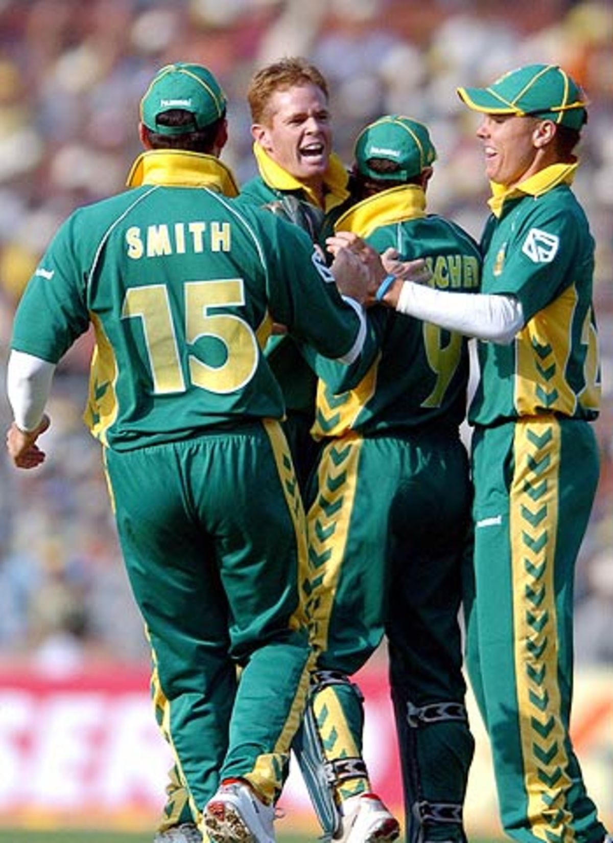 Shaun Pollock celebrates the wicket of Sachin Tendulkar