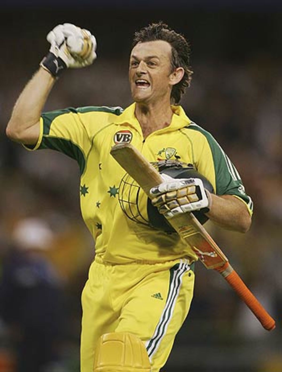 Celebration time for Adam Gilchrist following a thrilling hundred, Australia v Sri Lanka, 8th Match, VB Series, Perth, January 29, 2006