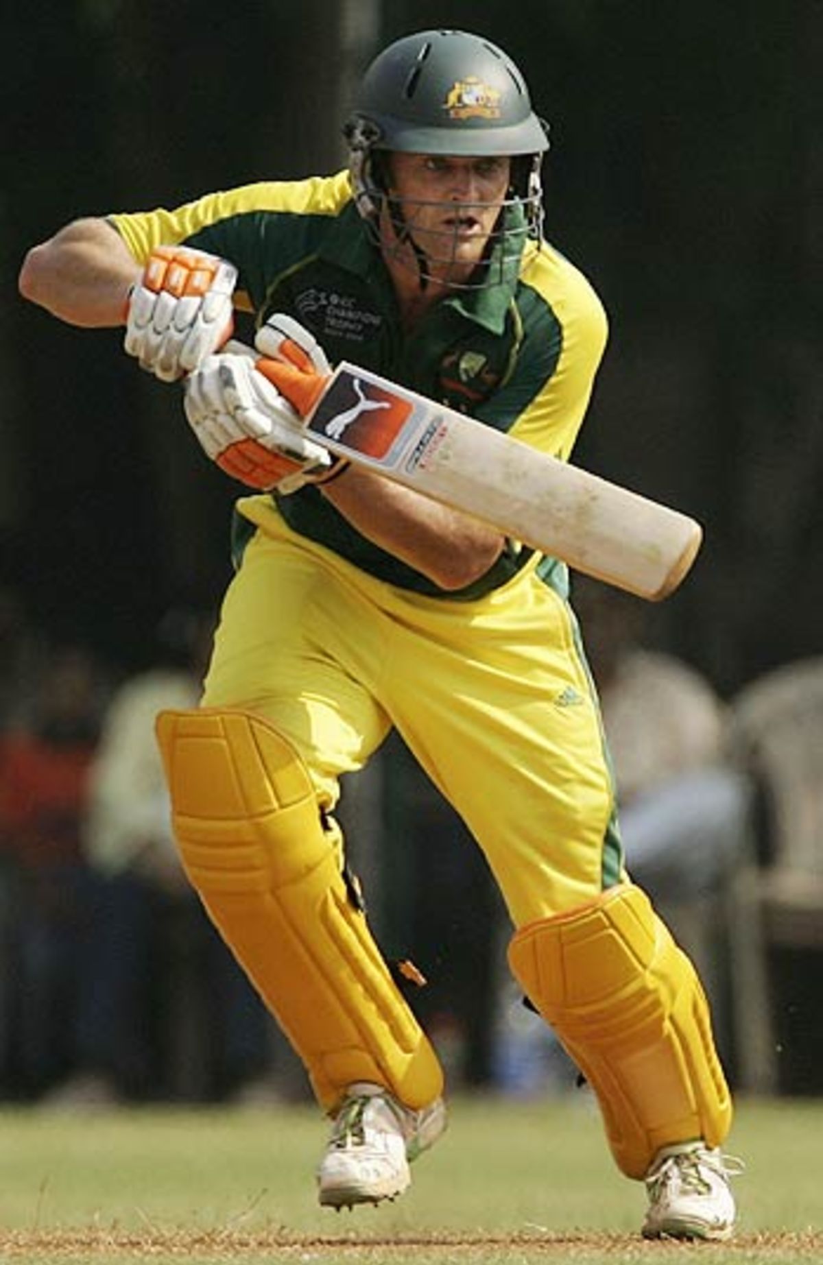 Adam Gilchrist pushes to the off side as Australia begin their chase, MCA President's XI v Australians, Mumbai, October 15, 2006
