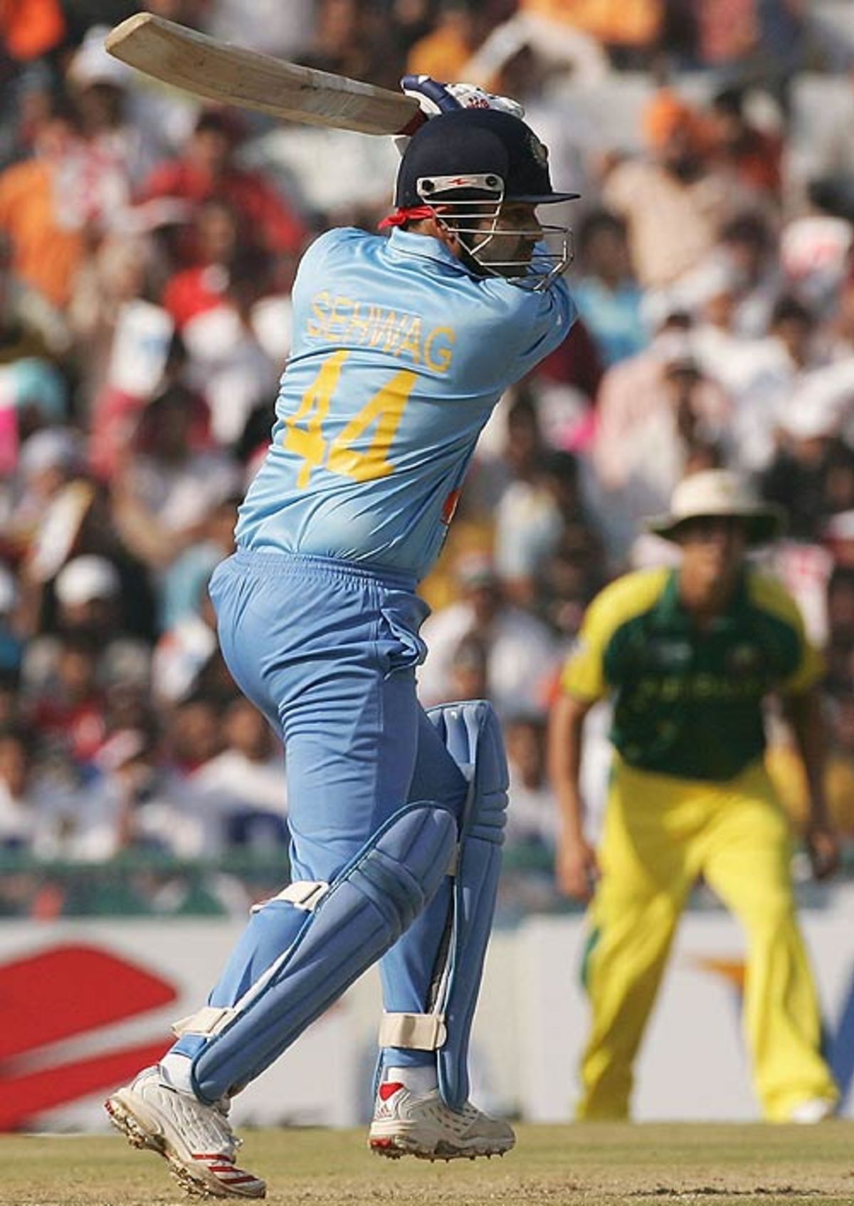 Virender Sehwag drives during his fifty, India v Australia, 18th match, Champions Trophy, October 29, 2007