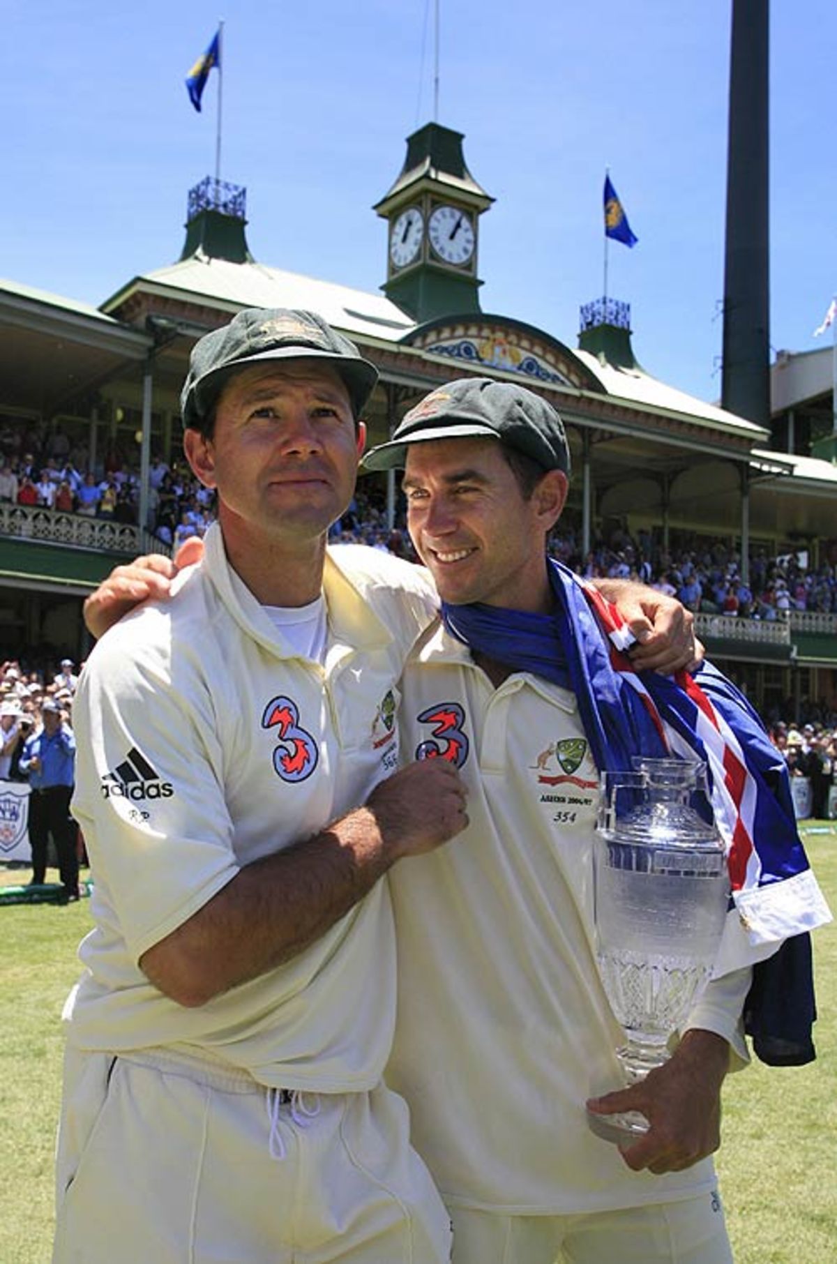 Ricky Ponting with Justin Langer after Australia wrapped up a 50 Ashes