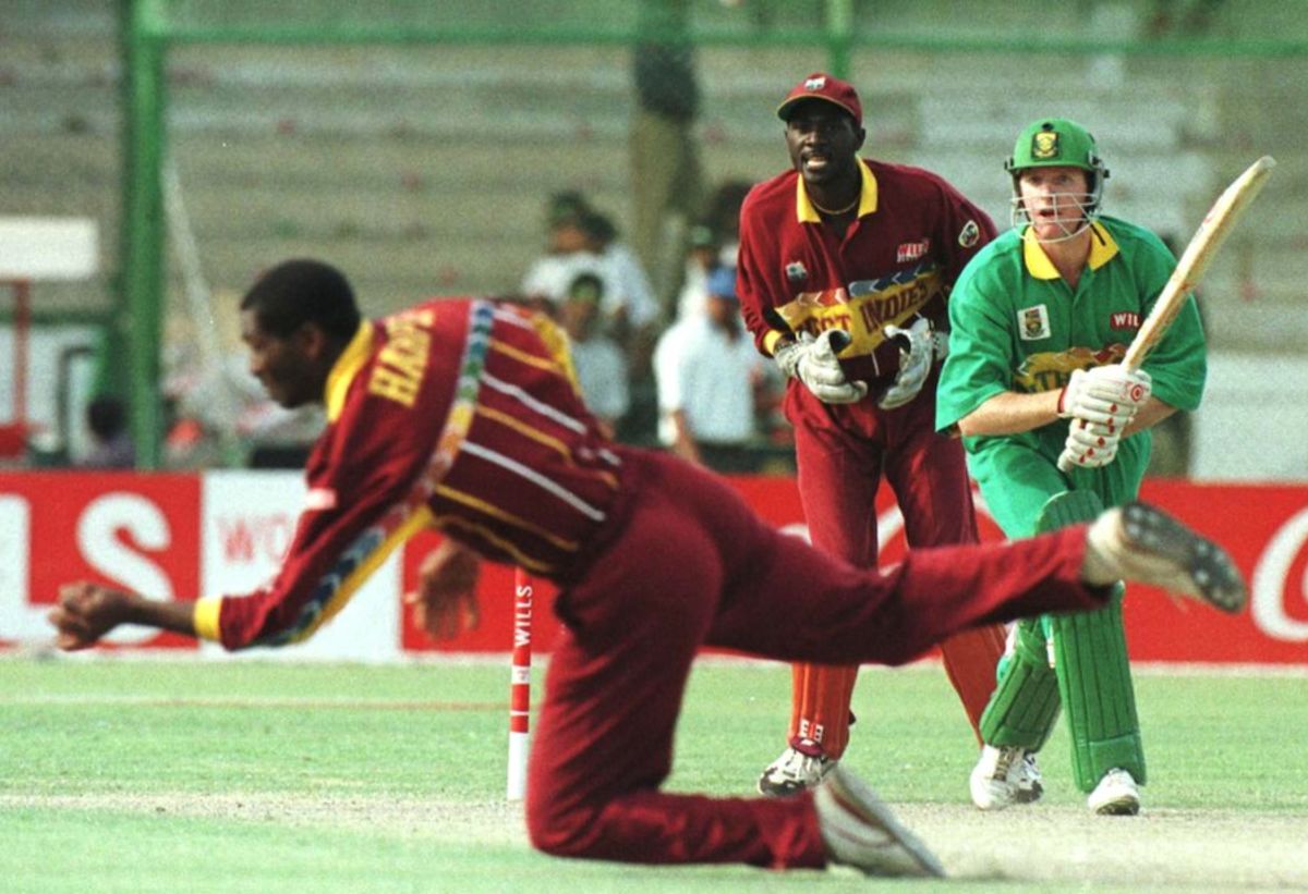 Steve Palframan is caught and bowled by Roger Harper, South Africa v West Indies, World Cup quarter-final, Karachi March, 1996