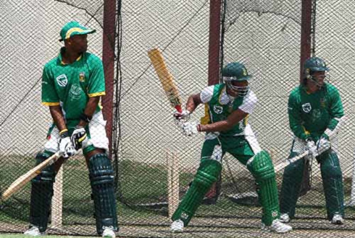 South African batsmen take guard in adjacent nets in Warner Park