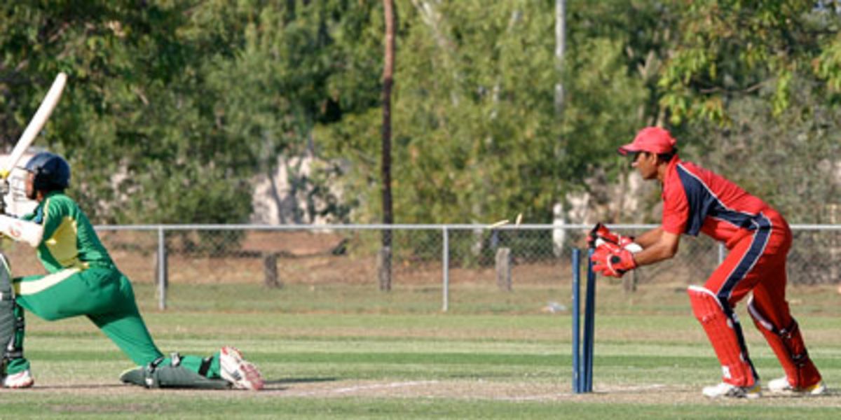 Hong Kong wicketkeeper Nasir Hameed stumps Tanzania's Abhik Patwa