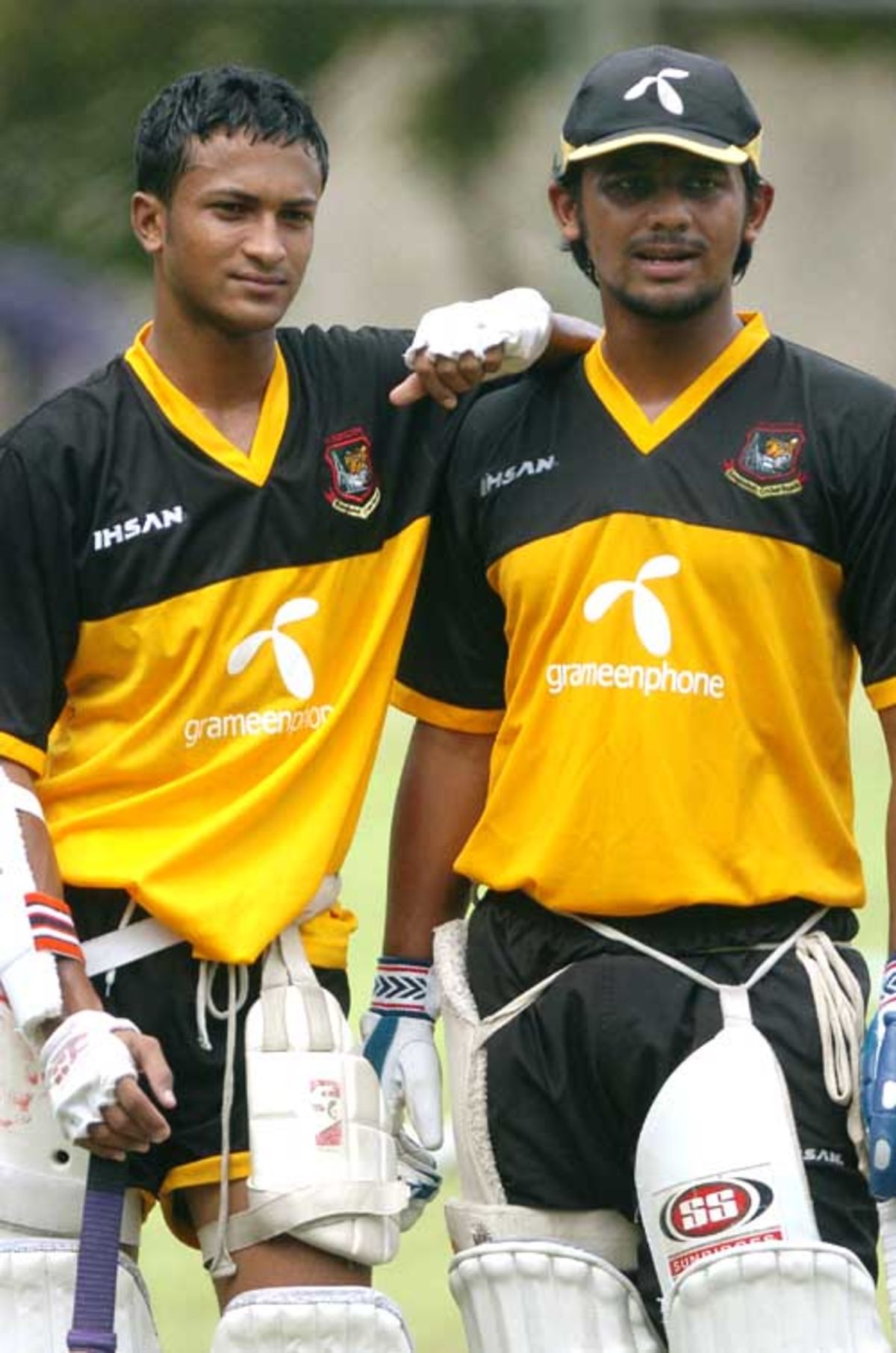 Shakib Al Hasan and Shahriar Nafees Ahmed wait to bat during a net