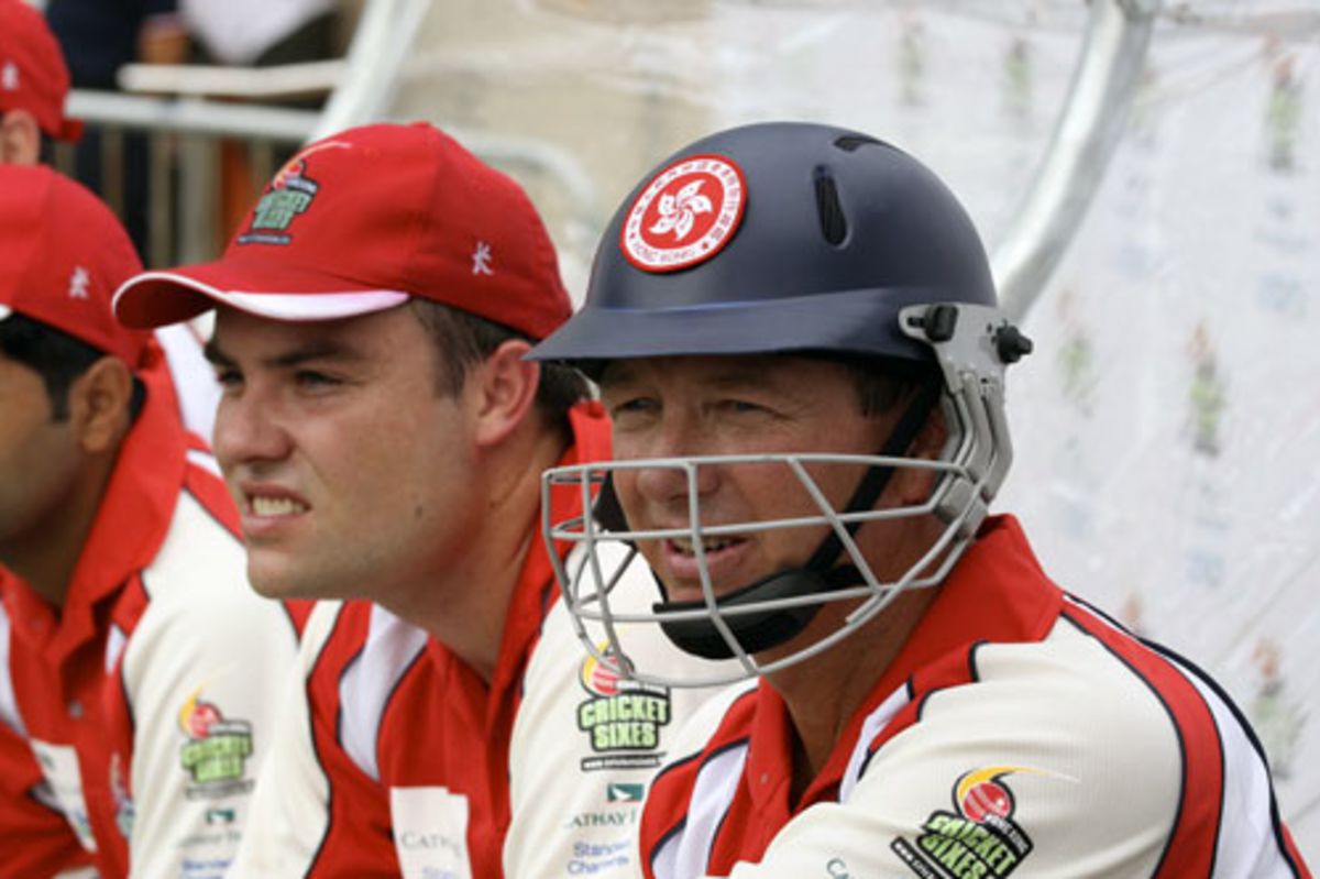 Mark Kratzmann waits to bat with Phil Pemburton at the Hong Kong
