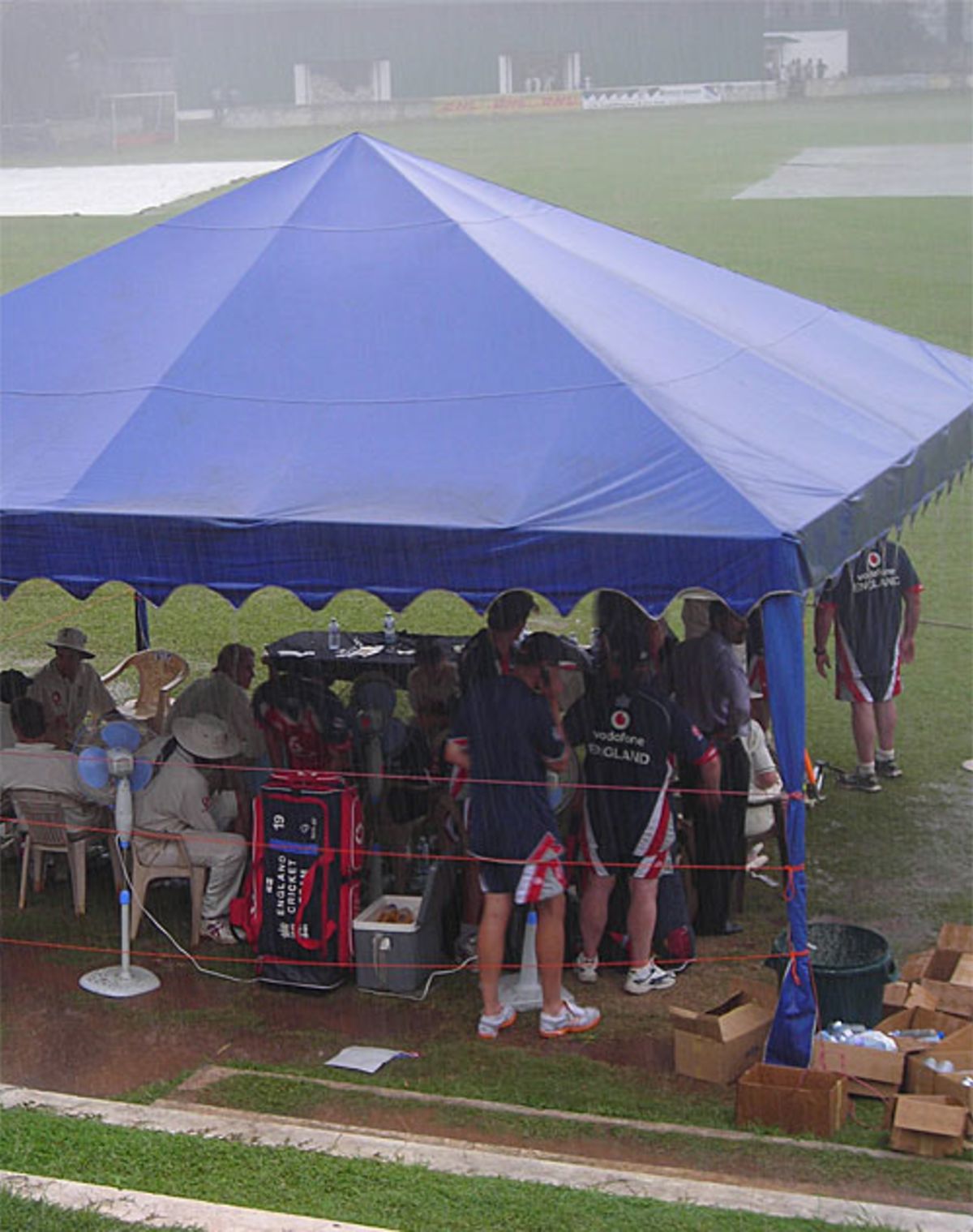 England shelter under a tent as the rain hammers down at Colombo, Sri Lanka Cricket Board President's XI v England XI, Colombo, November 20, 2007