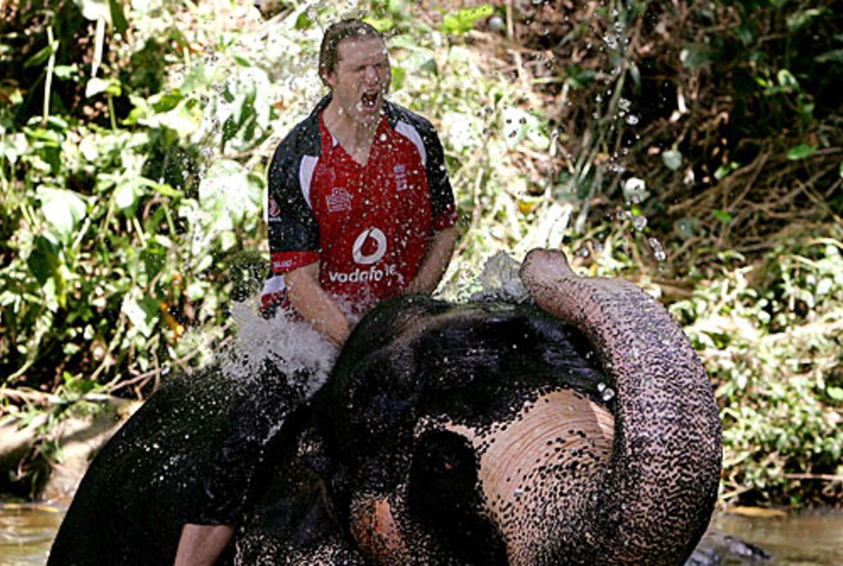 Matthew Hoggard is drenched by an elephant in Pinwella near Kandy, November 28, 2007