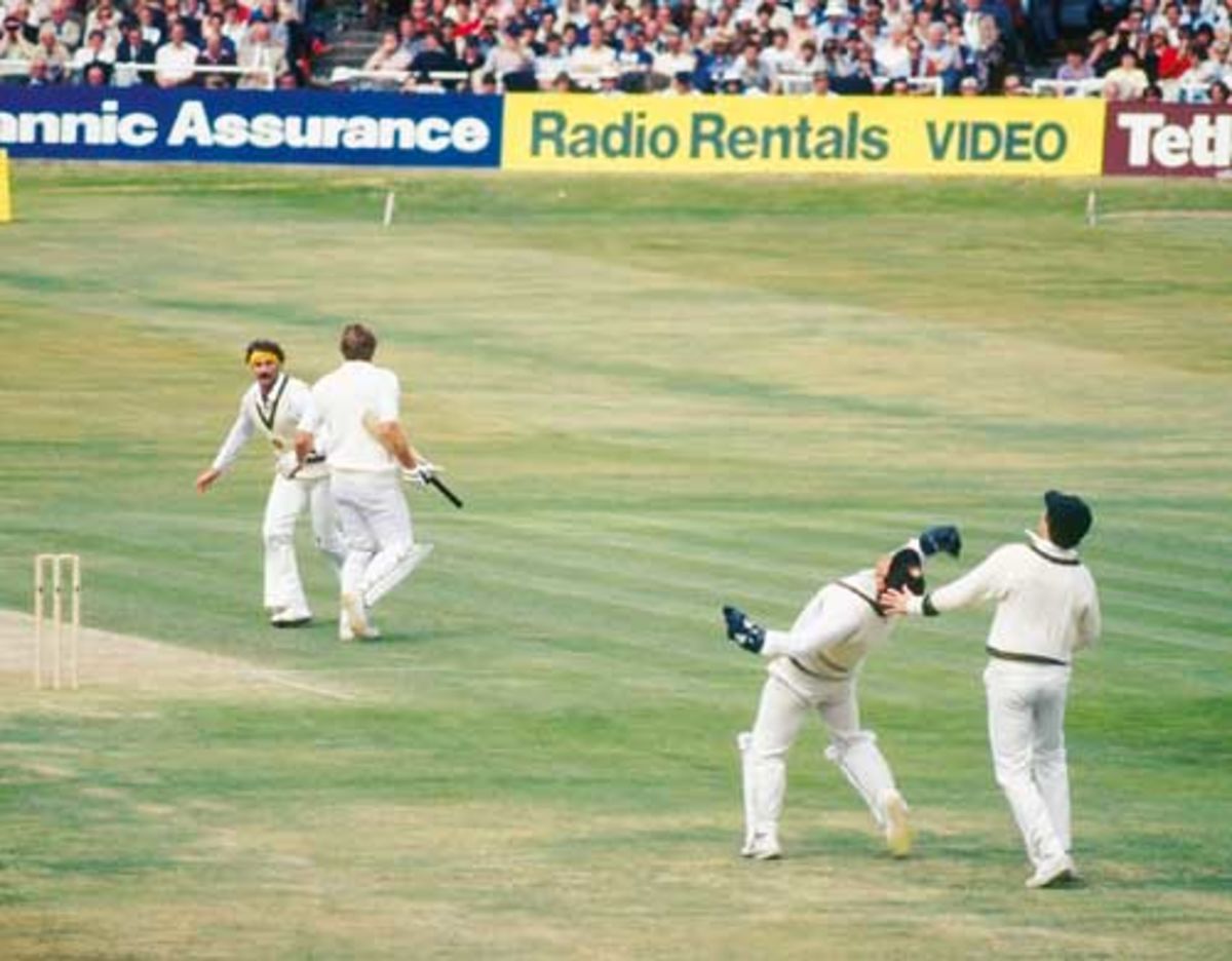 Rod Marsh of Australia breaks the world record for Test catches as he dismisses Ian Botham off Dennis Lillee during the third test at Headingley