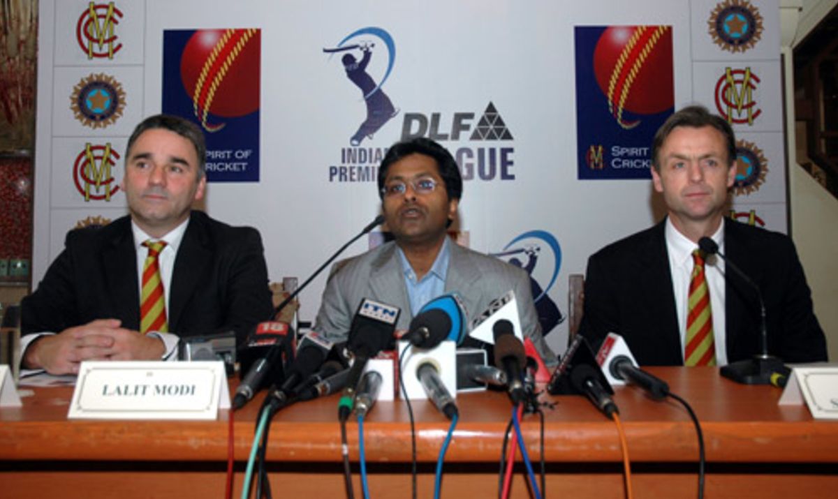 MCC secretary and chief executive Keith Bradshaw, IPL commissioner Lalit Modi and MCC head of cricket John Stephenson announce the signing of the MCC Spirit of Cricket declaration, Mumbai, April 2, 2008