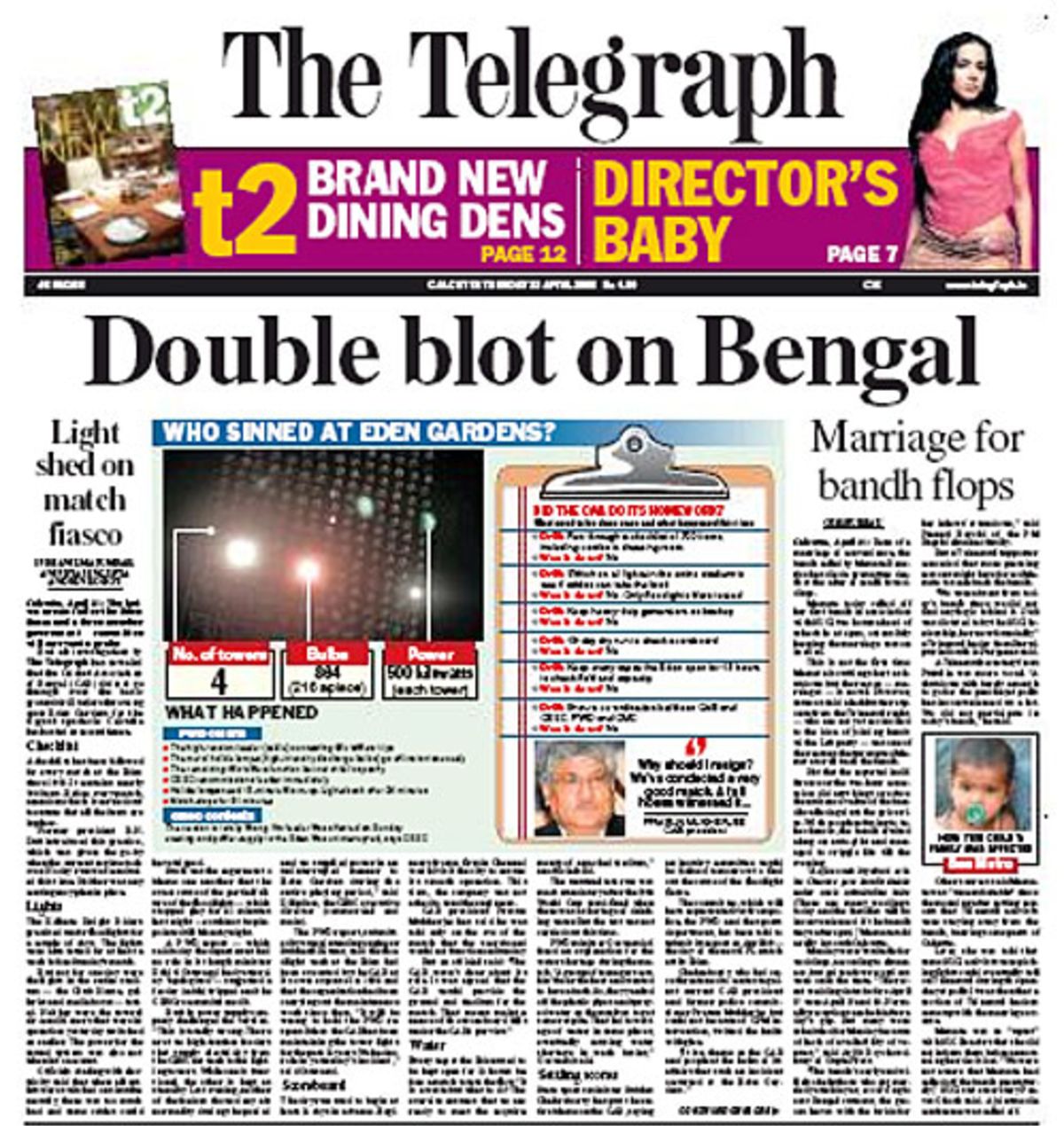 Recrimination about the floodlight failure on the front page of <I>The Telegraph</I>, April 22, 2008
