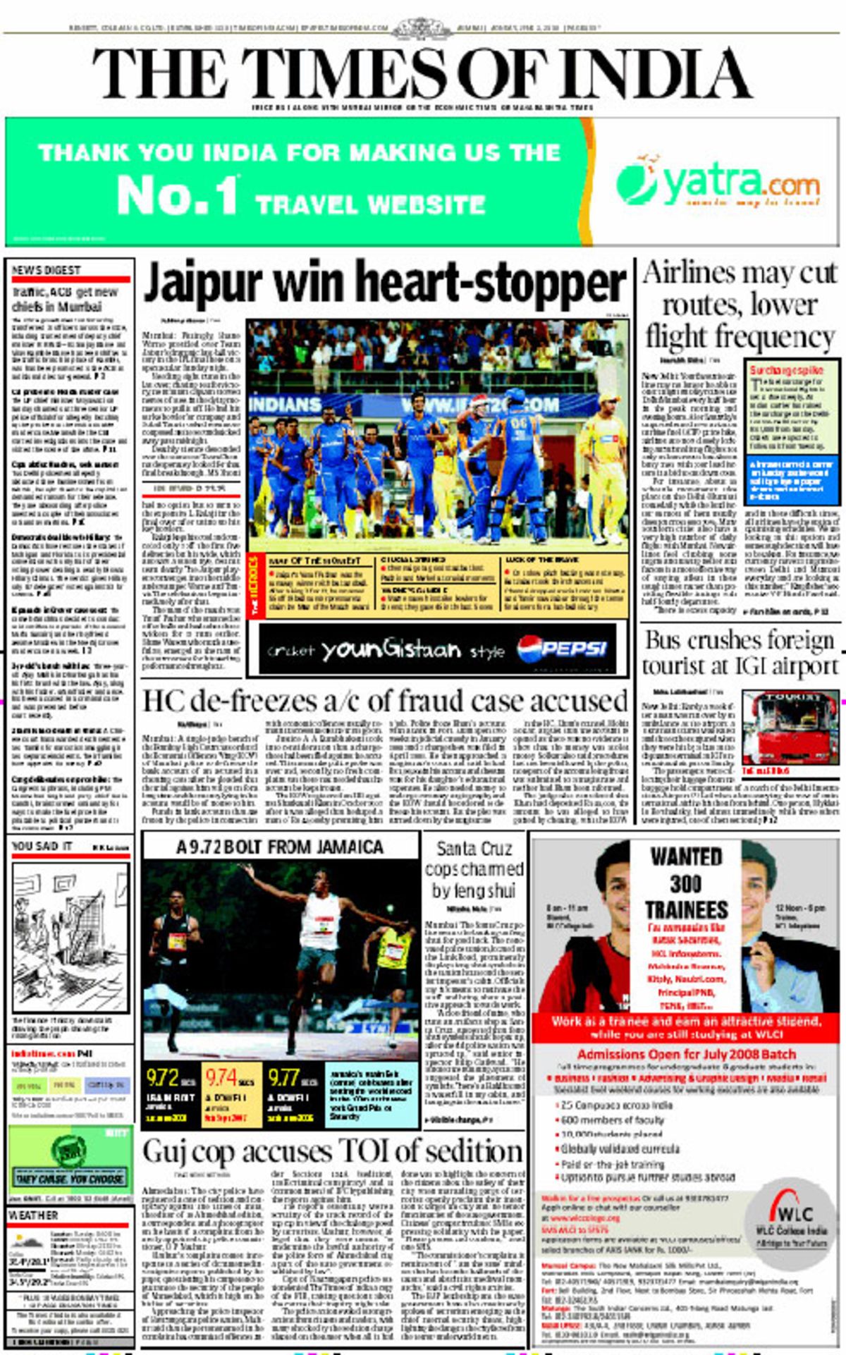 The <i>Times of India</i> reports Rajasthan Royals' IPL victory, June 2, 2008