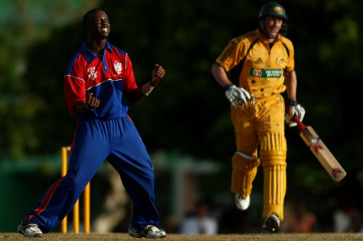 Jumping the gun Kemar Roach celebrates prematurely before a hit from