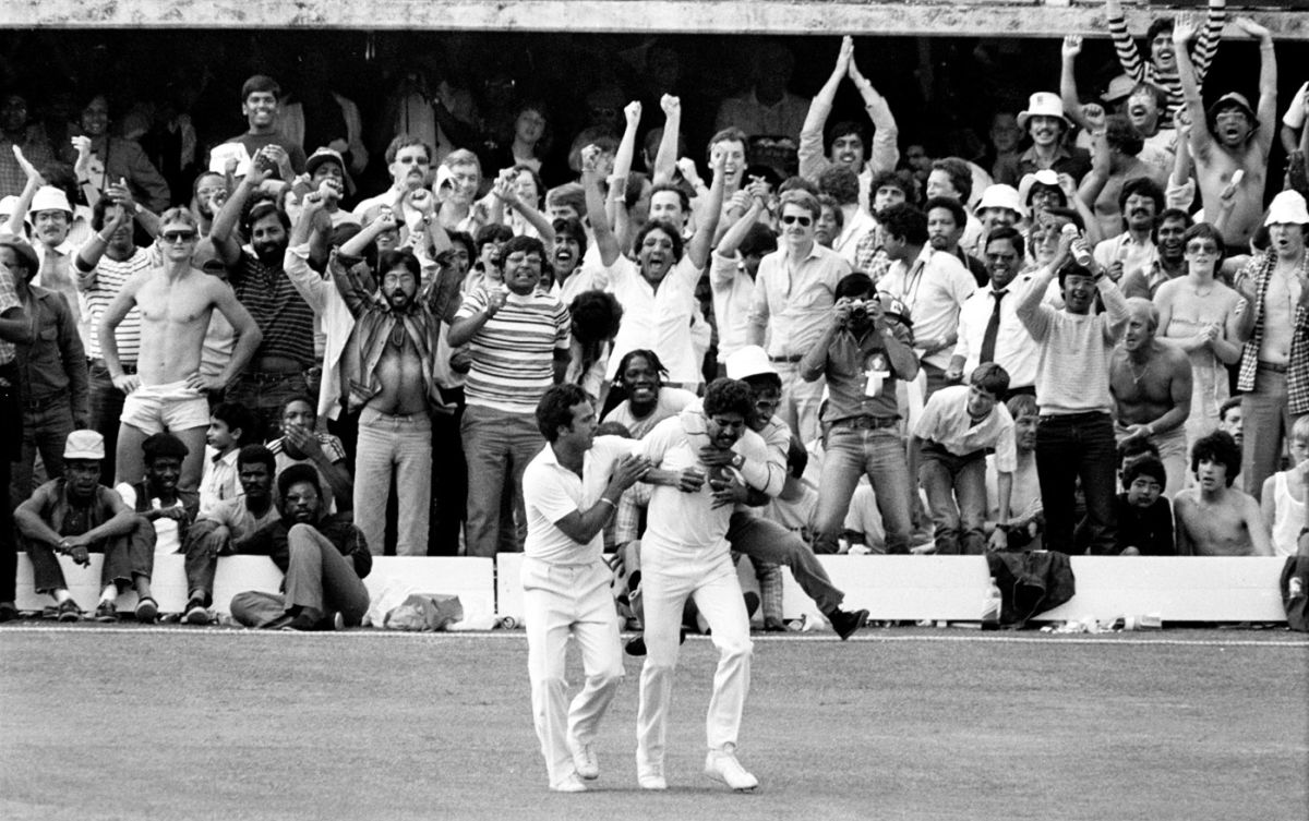Kapil Dev running backwards across the Lord's turf tracking a high ball over his shoulder