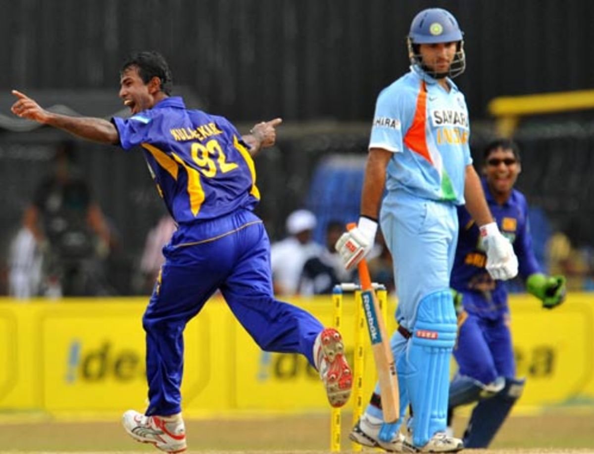Yuvraj Singh is caught at slip off Nuwan Kulasekara