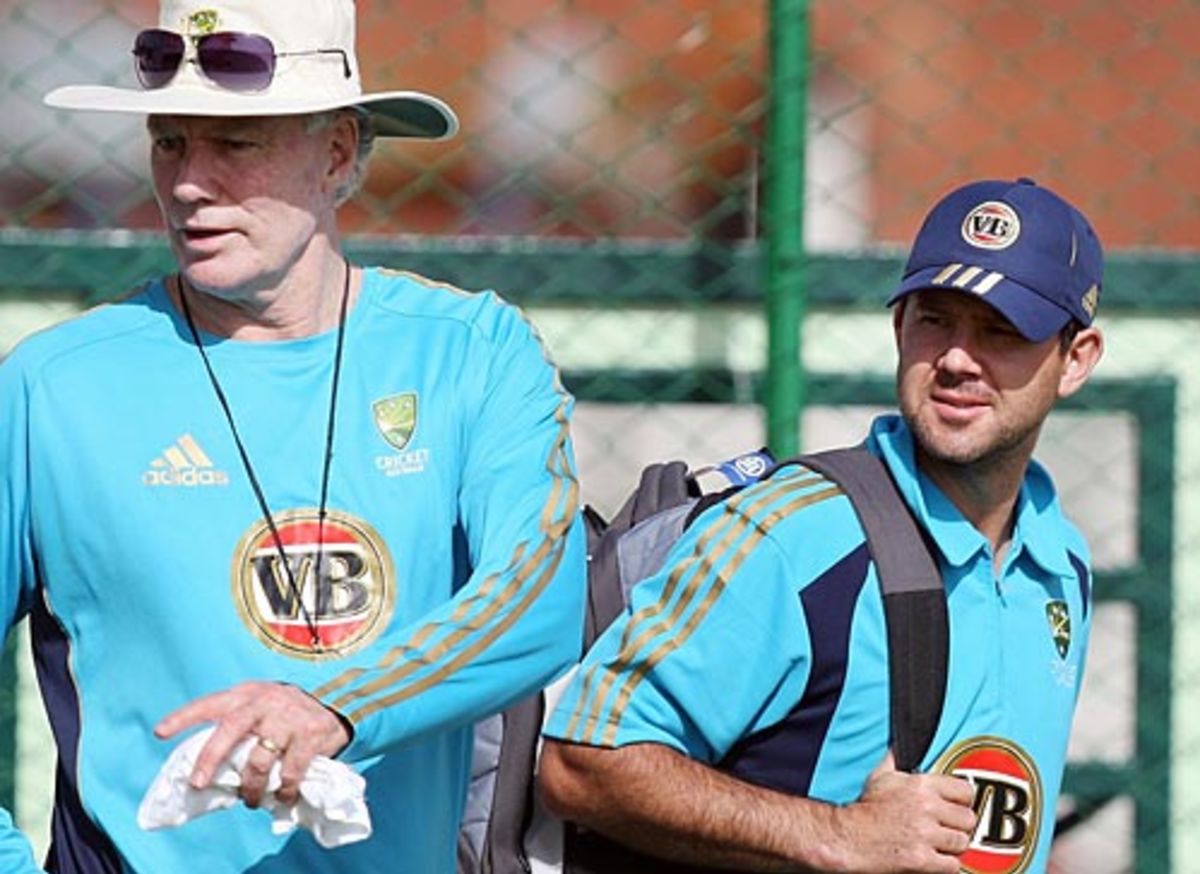Greg Chappell and Ricky Ponting arrive for the nets session