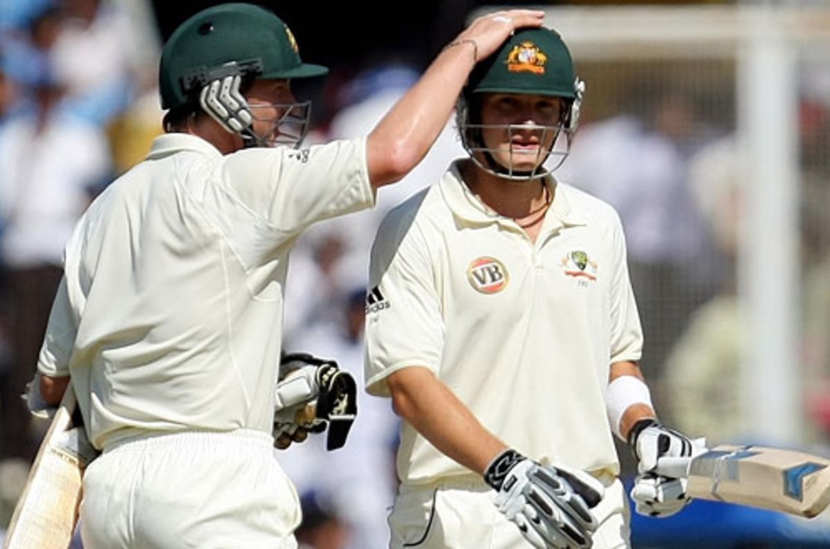 Brett Lee congratulates Shane Watson for reaching his first Test half ...