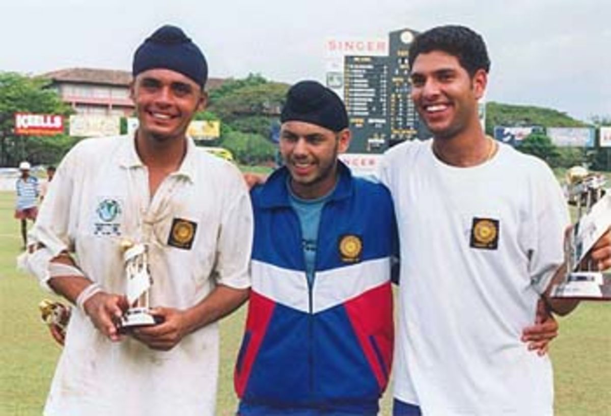 The stars of the victorious Indian U19 team- RS Sodhi , Ravneet Ricky and Yuvraj Singh, Under-19s World Cup, 1999/00, Final, Sri Lanka Under-19s v India Under-19s, Sinhalese Sports Club Ground, Colombo, 28 January 2000