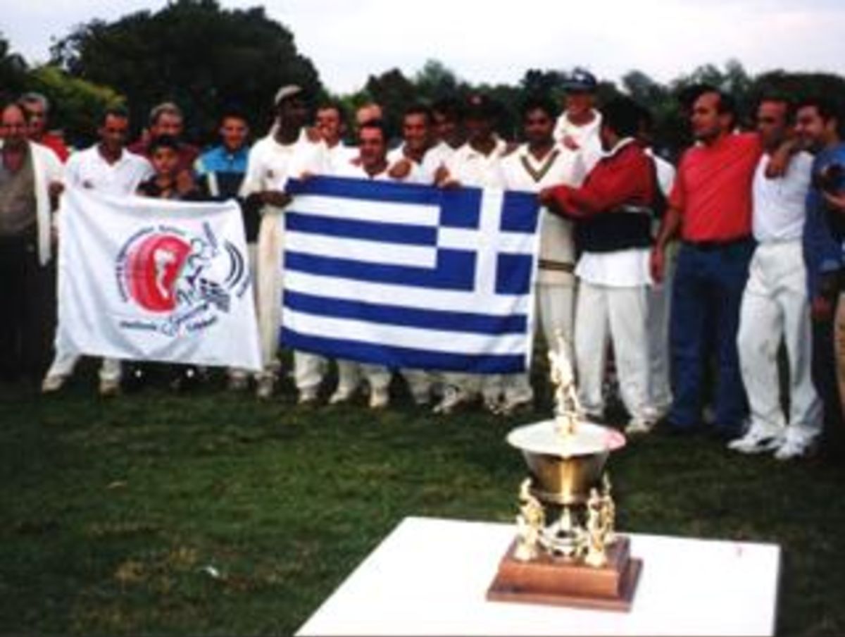 The ECC Trophy Cup 1999 being displayed by the Greece Team