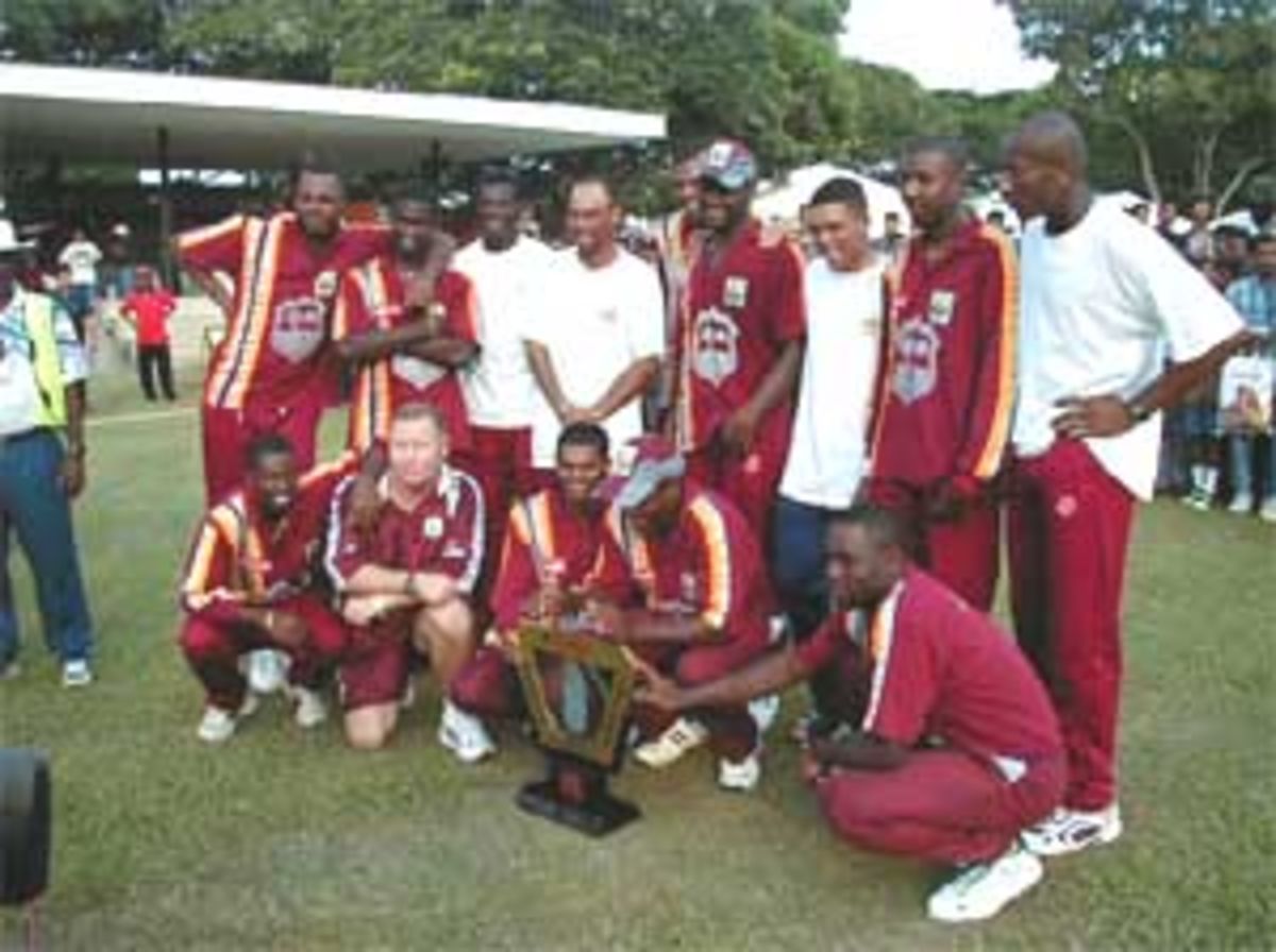 The Carribeans are all smiles after lifting the Coca Cola Singapore Challenge Trophy, India v West Indies (Final), Coca-Cola Singapore Challenge, 1999-2000, Kallang Ground, Singapore, 8 Sep 1999