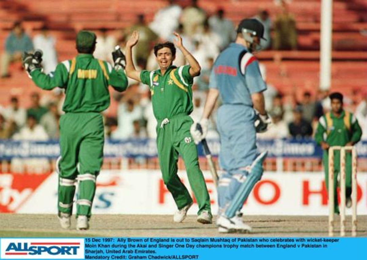 Saqlain Mushtaq celebrates after having Ally Brown caught