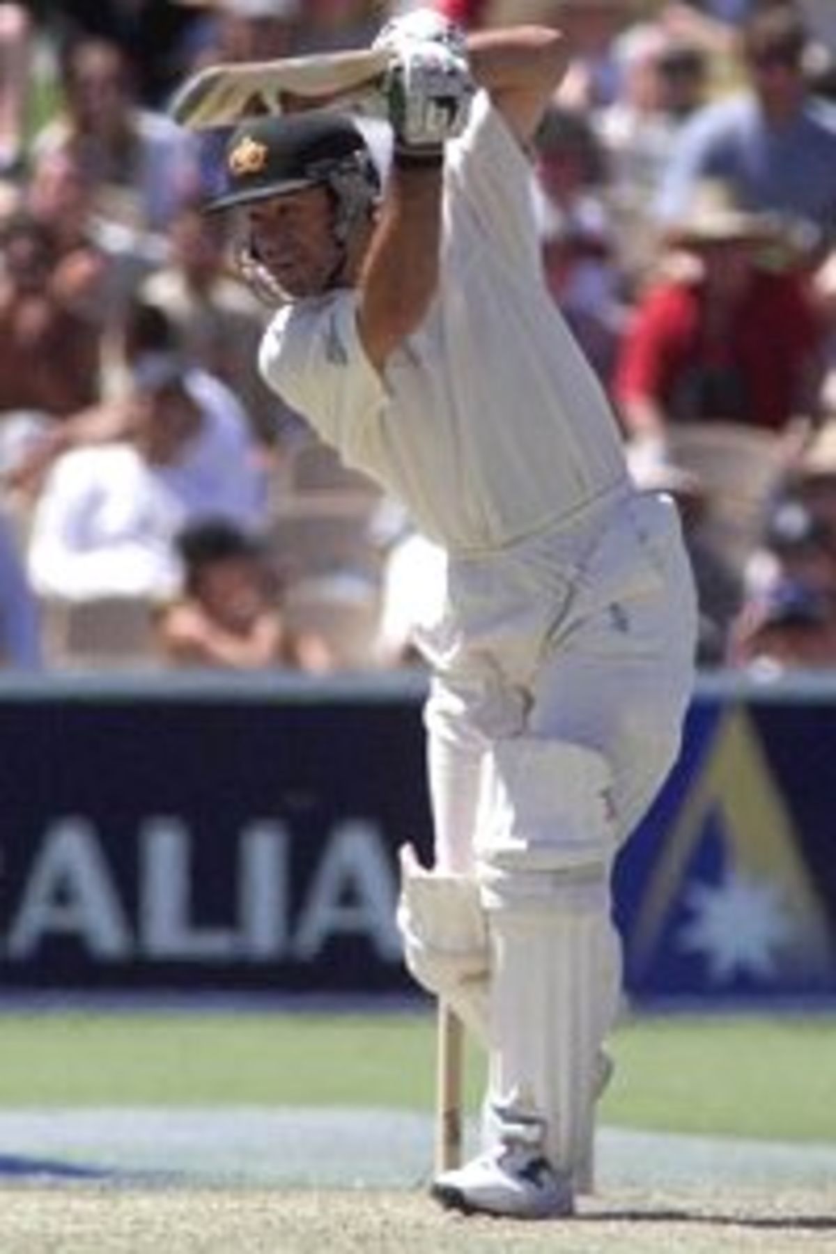 10 Dec 1999: Ricky Ponting of Australia hits outm on day one of the first test between Australia and India, at the Adelaide Oval, Adelaide, Australia.