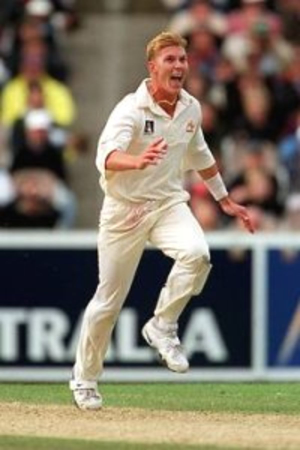 28 Dec 1999: Brett Lee of Australia shows his elation at taking the wicket of Javagal Srinath of India, on day three of the second test match between Australia and India, played at the Melbourne Cricket Ground, Melbourne, Australia.