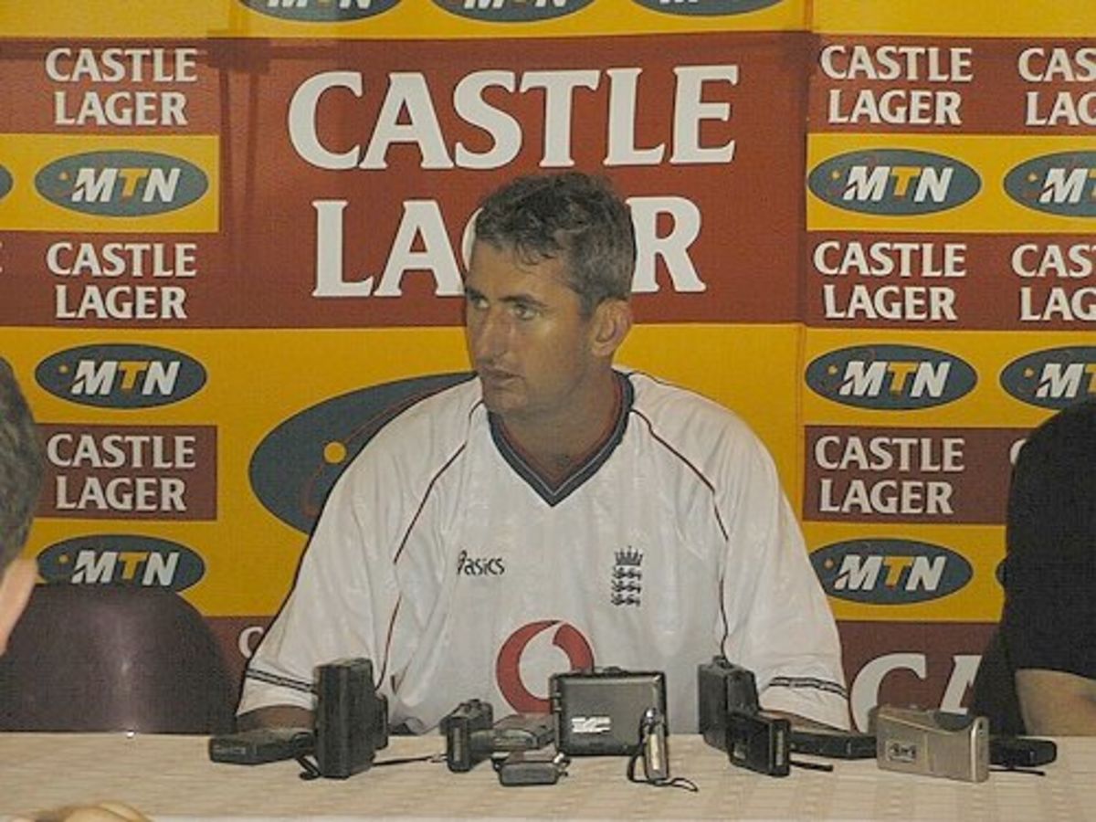 Andy Caddick, hero of the 3rd day for England taking 7 wickets, answers questions from the media at the close of play press conference in Durban. (28 Dec 1999)