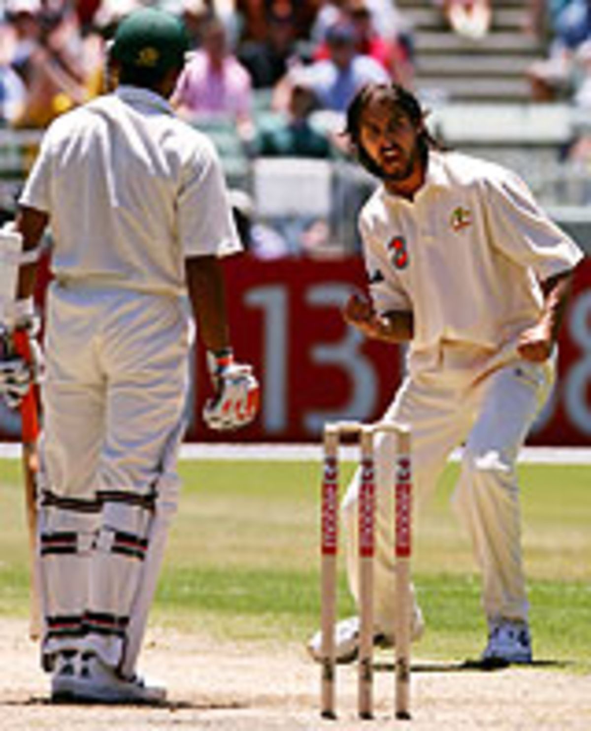 Jason Gillespie celebrates dismissing Yasir Hameed