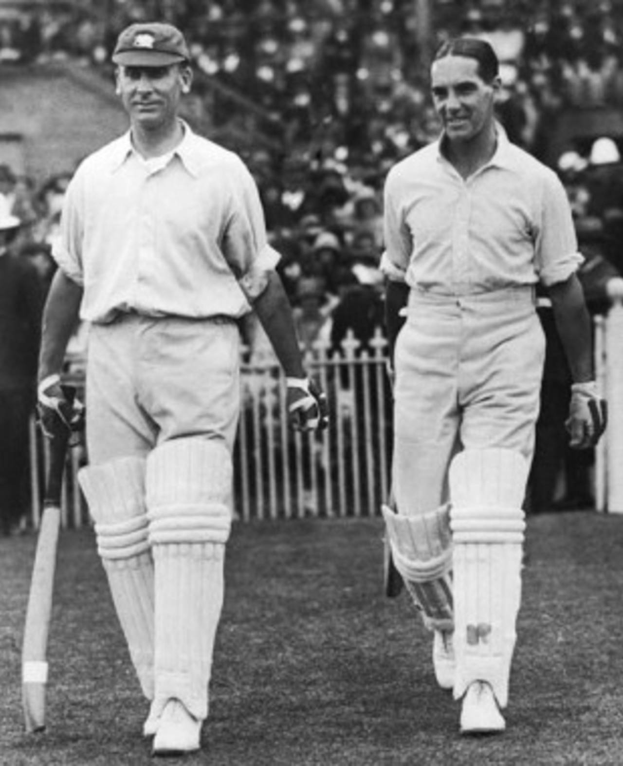 Jack Hobbs and Herbert Sutcliffe walk out to open the innings, England v Australia, 2nd Test, Melbourne, 1st day, February 13, 1925
