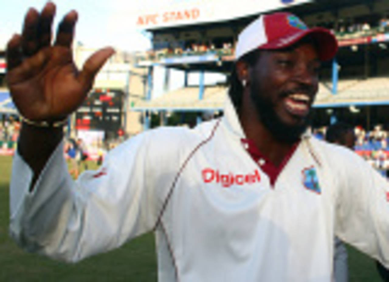 A delighted Chris Gayle beams after beating England 1-0, West Indies v England, 5th Test, Trinidad, March 10, 2009