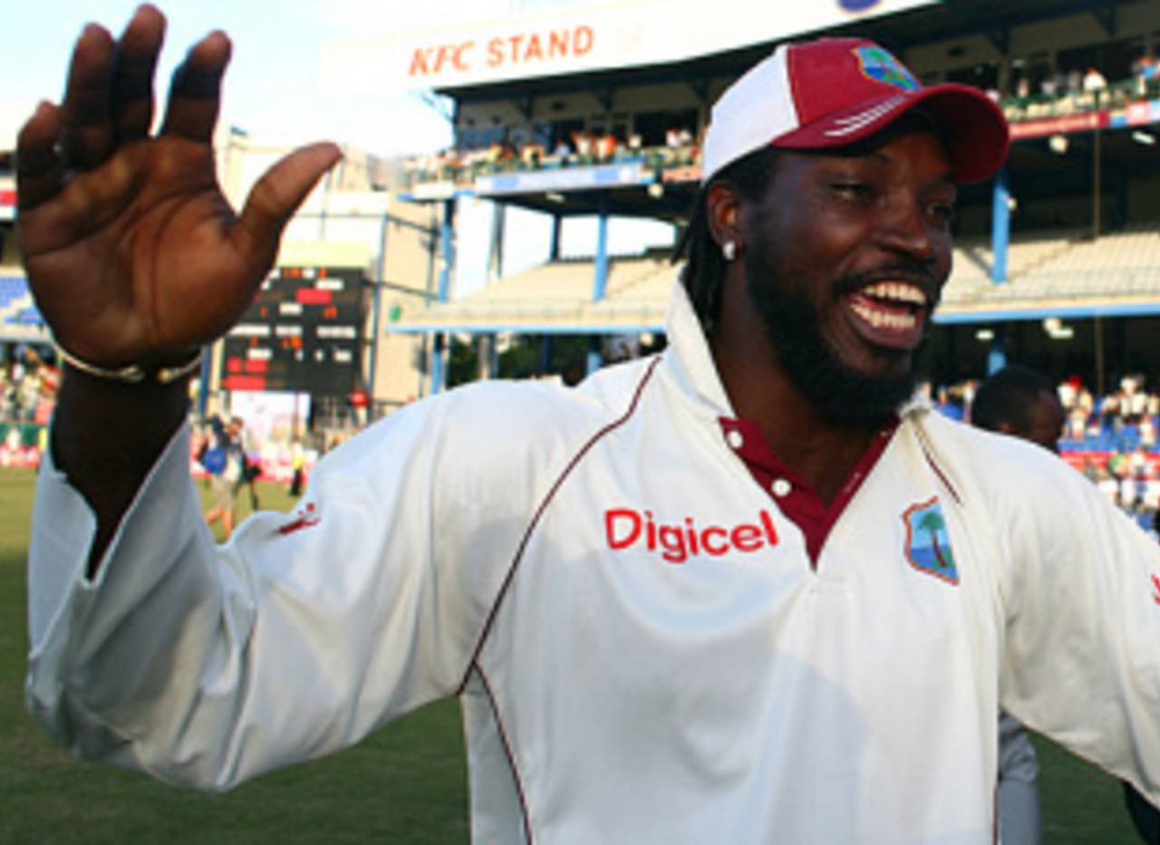 A delighted Chris Gayle beams after beating England 1-0, West Indies v England, 5th Test, Trinidad, March 10, 2009