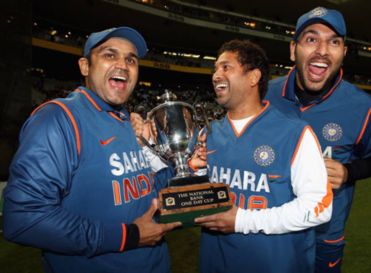 Virender Sehwag, Sachin Tendulkar and Yuvraj Singh are all smiles after the series win, New Zealand v India, 5th ODI, Auckland, March 14, 2009