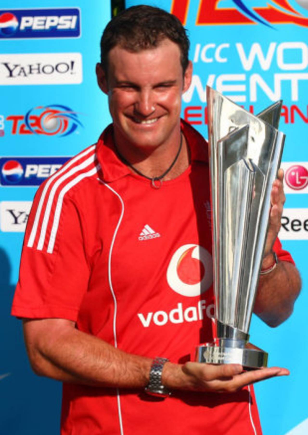 Andrew Strauss with the ICC World Twenty20 trophy 24 hours before England's match against West Indies, Trinidad, March 14, 2009