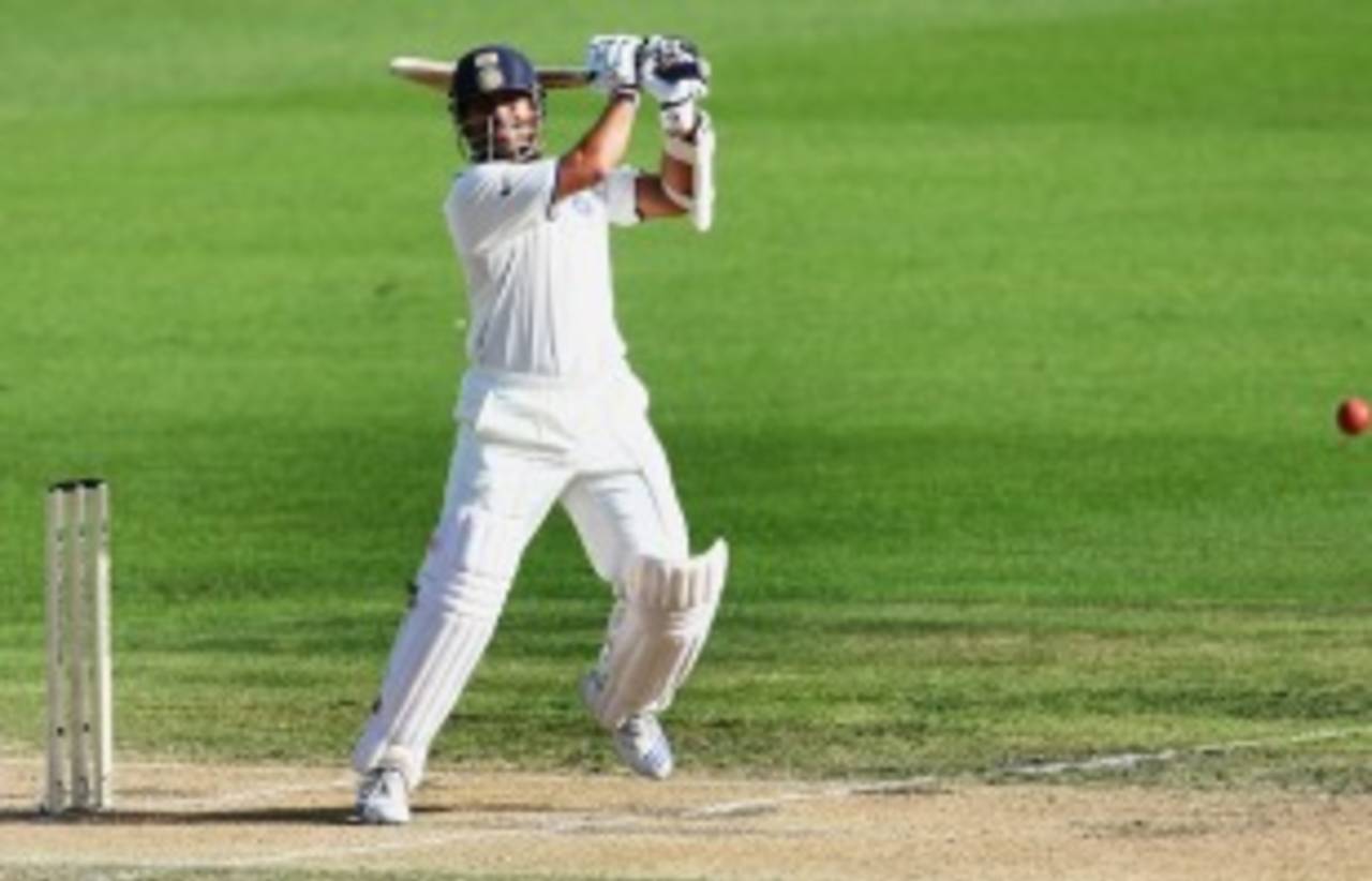 Sachin Tendulkar hits off the back foot, New Zealand v India, 1st Test, Hamilton, 2nd day, March 19, 2009